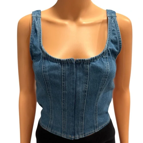 LONE STAR Bustier Corset Top Denim Blue Stretchy Lightly Distressed NWT Large - Picture 1 of 8